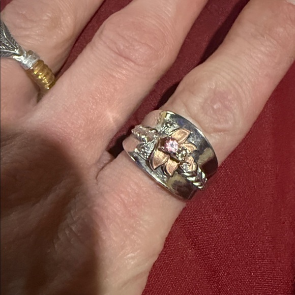 Vintage 925 Silver and Gold Floral Ring with Pink Gemstone sz 9 - Picture 10 of 12
